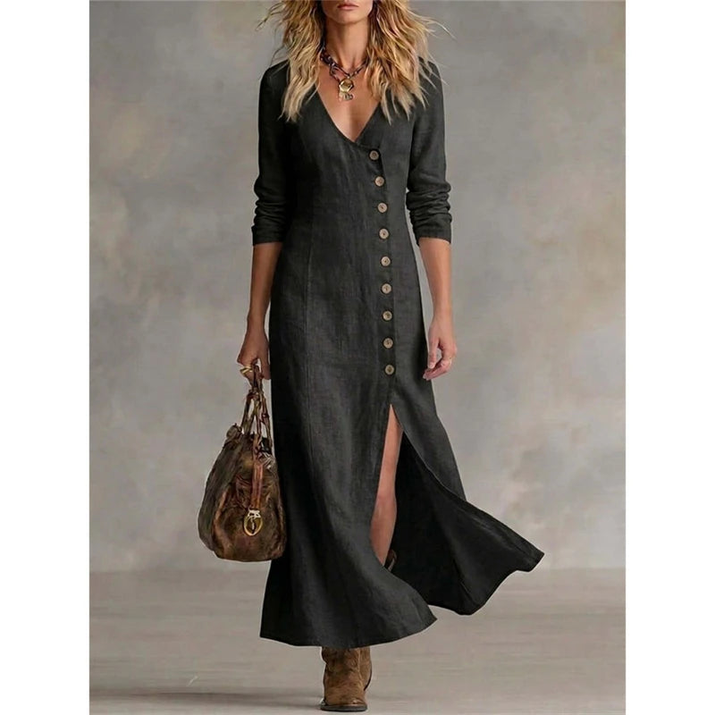 Abito midi con scollo a V e bottoni