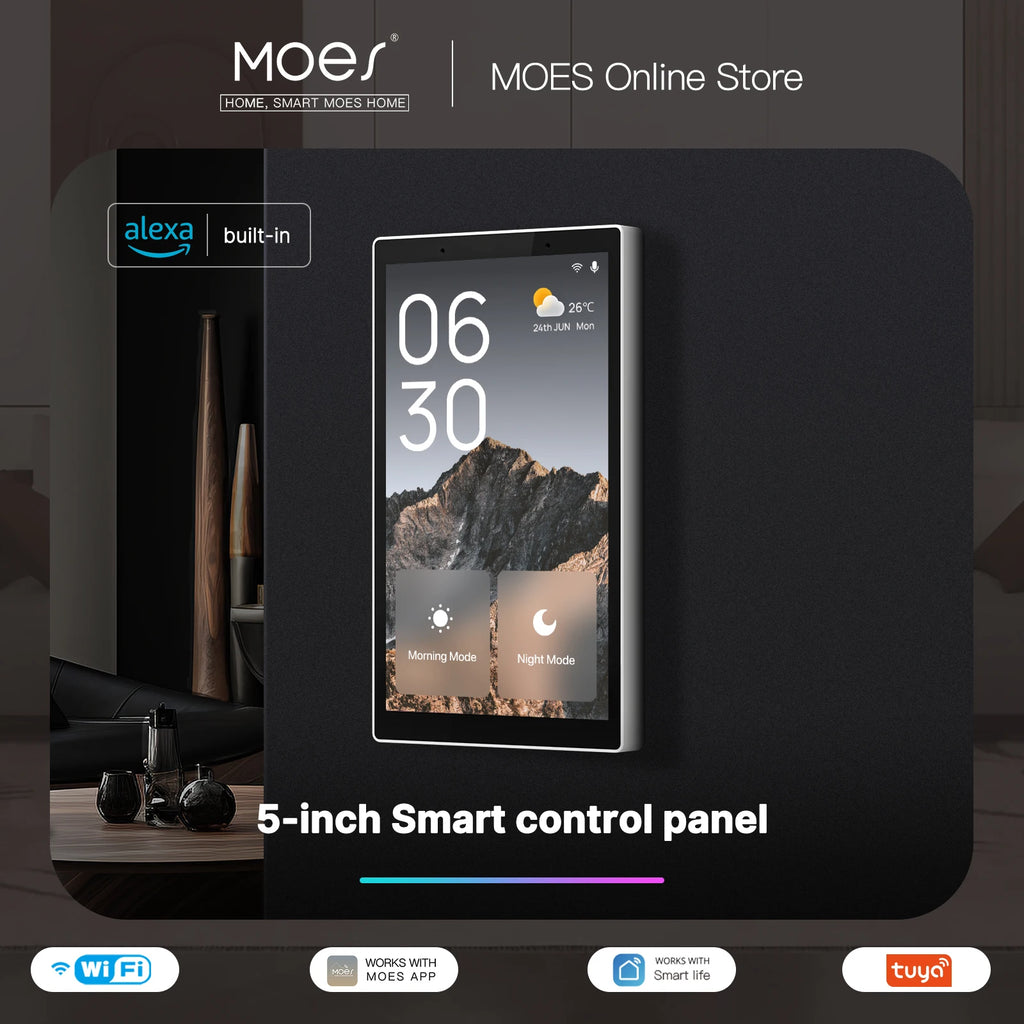 MOES Tuya Wi-Fi Smart 5-inch Touchscreen US Central Control Panel, Alexa Voice Control, Built-in Zigbee Gateway, Scene Control