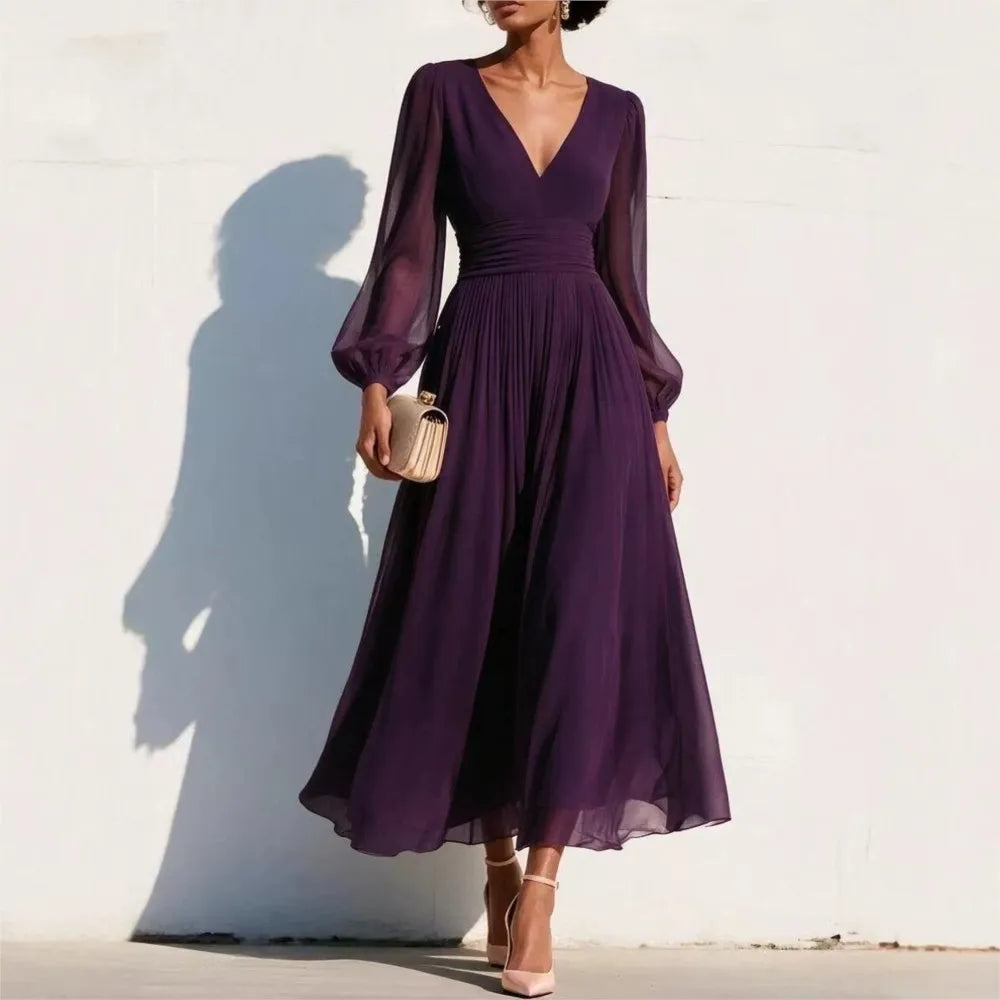 Damen-Midikleid mit langen Ärmeln und V-Ausschnitt