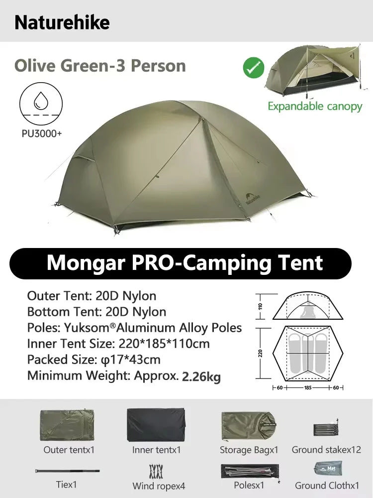 Naturehike Mongar 2 Tent Camping Beach 20D Nylon Waterproof 2 People Tent Mongar UL Ultralight Outdoor 3 Season Backpacking Tent