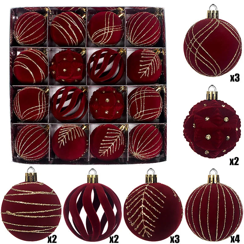 16 piece set of plush Christmas ball accessories, anti shatter and sparkling plush Christmas farmhouse Christmas tree decoration