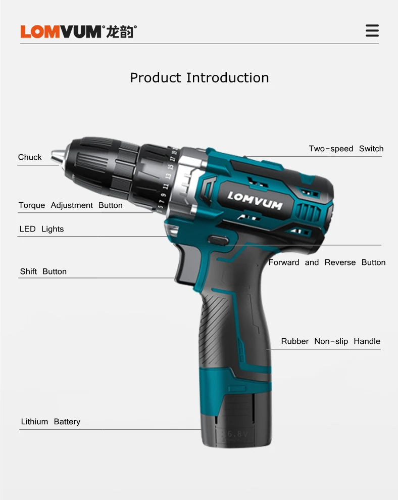LOMVUM Rechargeable Lithium Battery Cordless home 20V Electric Drill bit wall 16.8V Electric Screwdriver with Plastic case