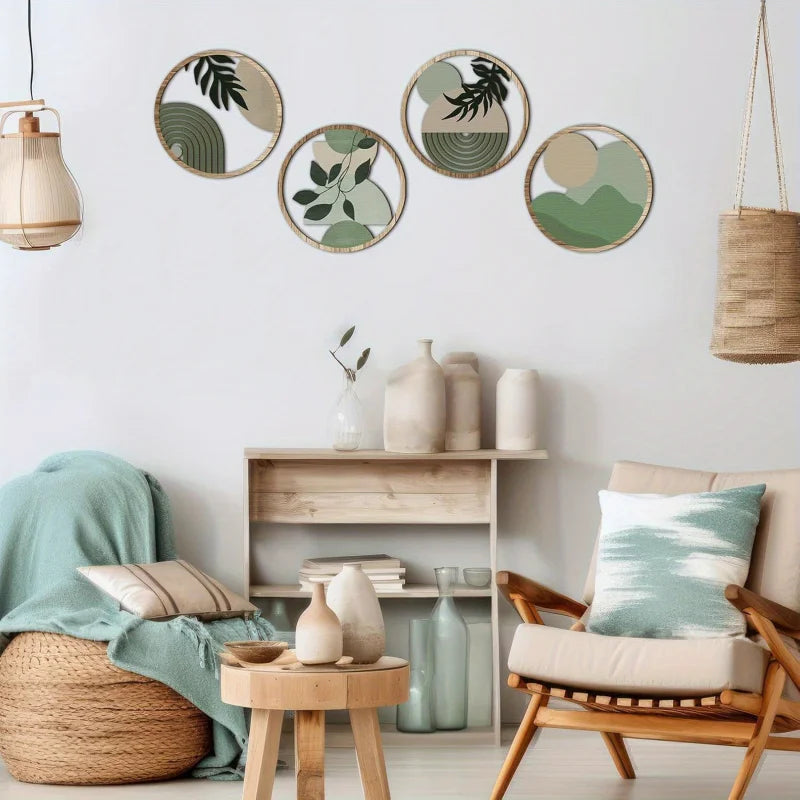 Lot de 4 décorations murales bohèmes - Décoration bohème en bois, œuvres d'art géométriques à suspendre, adaptées à une chambre de bébé, esthétique maison de campagne minimaliste