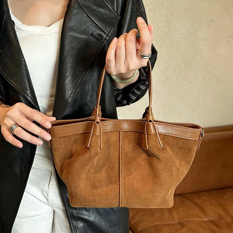 Suede Bags Women Handbag Genuine Leather 2026 Luxury Designer Shoulder Bag Lady First Layer Cowhide Casual Tote Handbags Women