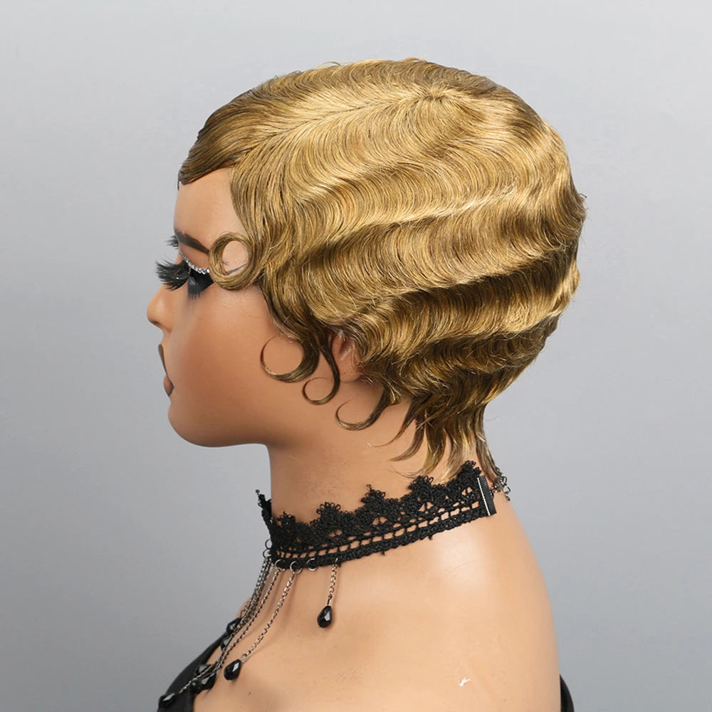 Perruque courte à ondulations en doigt en cheveux naturels pour femme, densité 180 %, brune, coupe pixie à ondulations effet océan, aspect naturel