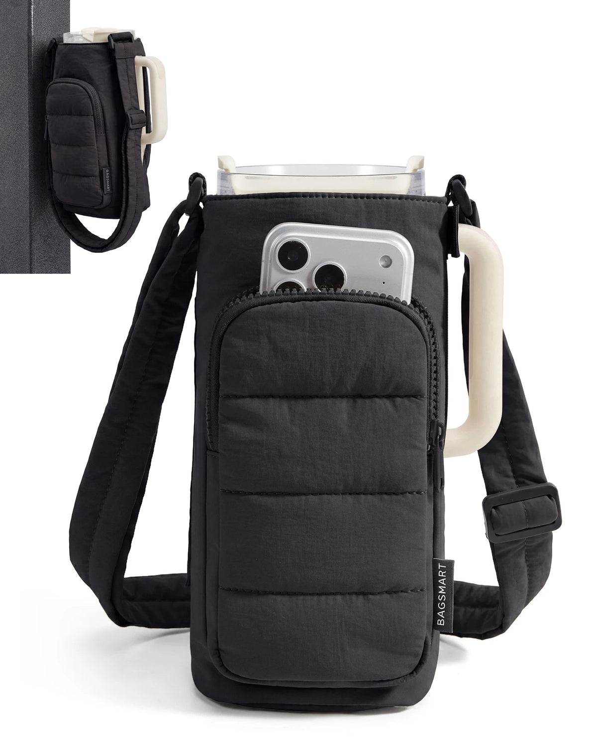 BAGSMART Magnetic Water Bottle Holder with Strap Gym Lightweight Tumbler 40oz Drink Carrier Quilted Crossbody Bags for Women