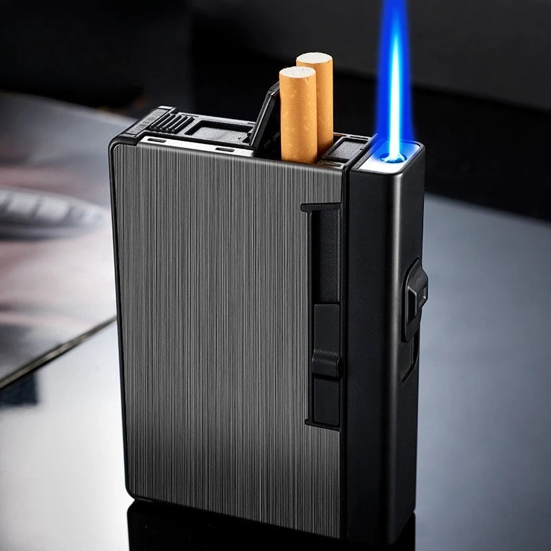 Pitillera integrada con mechero para 10 cigarrillos, recargable, portátil, resistente a la humedad, al sudor y a la presión.