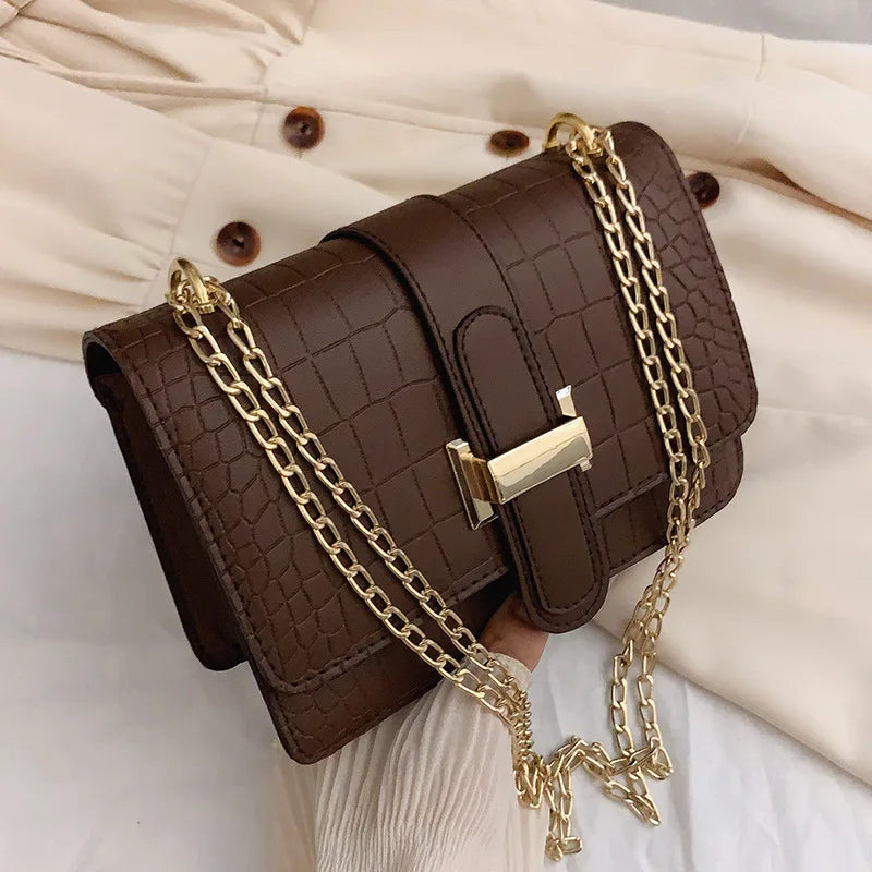 Women Crocodile Pattern PU Leather Square Bag Luxury Gold Chain Crossbody Bag Fashion Shoulder Handbag For Ladies Daily Party