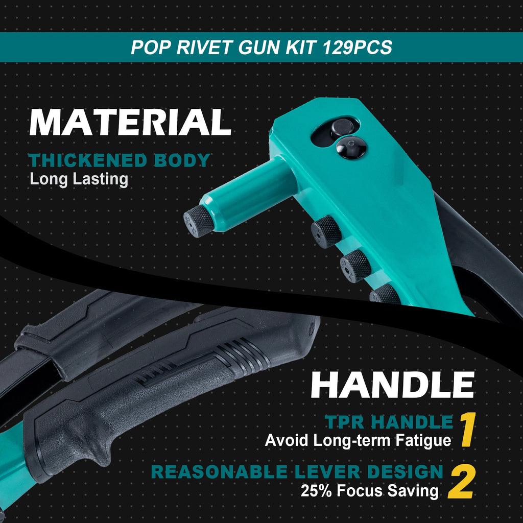 Rivet Gun Kit, Pop Rivet Gun, Heavy Duty Rivet Tool, Professional Hand Riveter, Manual Riveting Tool with 120 Blind Rivets, 4 HSS Drill Bits, 4 Tool-free Interchangeable Heads