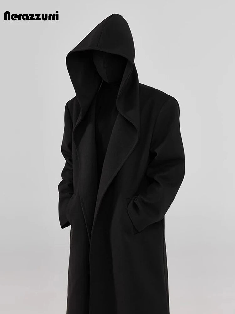 Nerazzurri Autumn Winter Extra Long Warm Black Soft Wool Blends Coat Men with Hood Luxury Woolen Overcoat Dark Academia Clothes