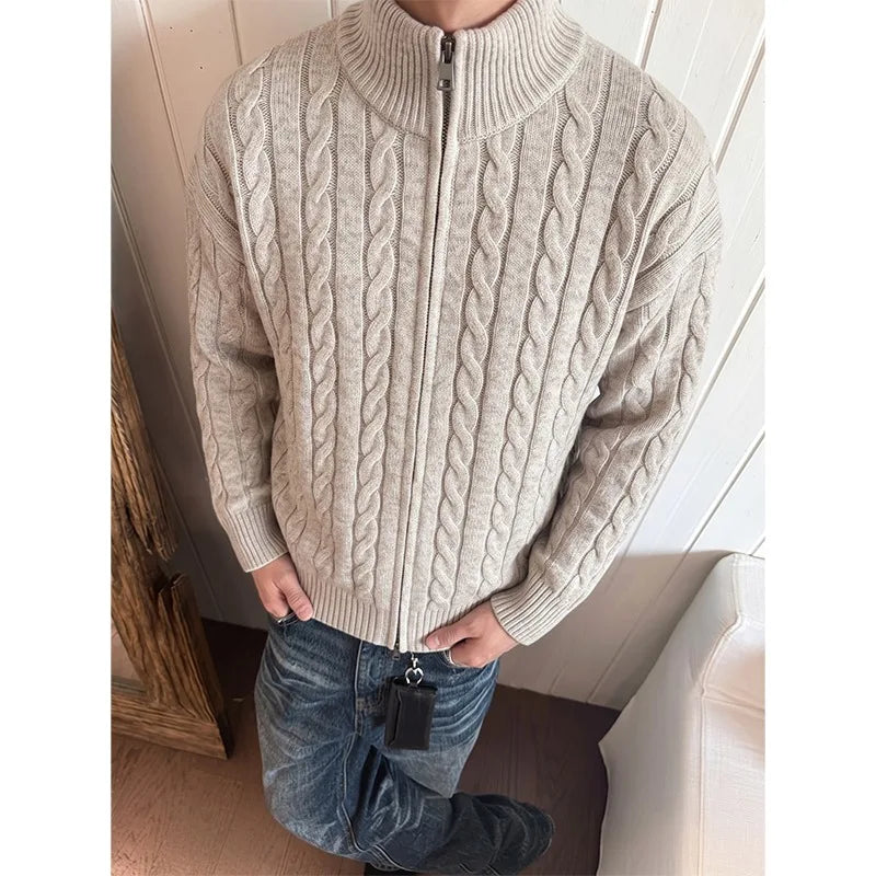 Autumn Winter Men Full Zip Knit Cardigan Slim Fit High Neck Knitted Sweater Solid Color Casual Streetwear Warm Fashion Knitwear