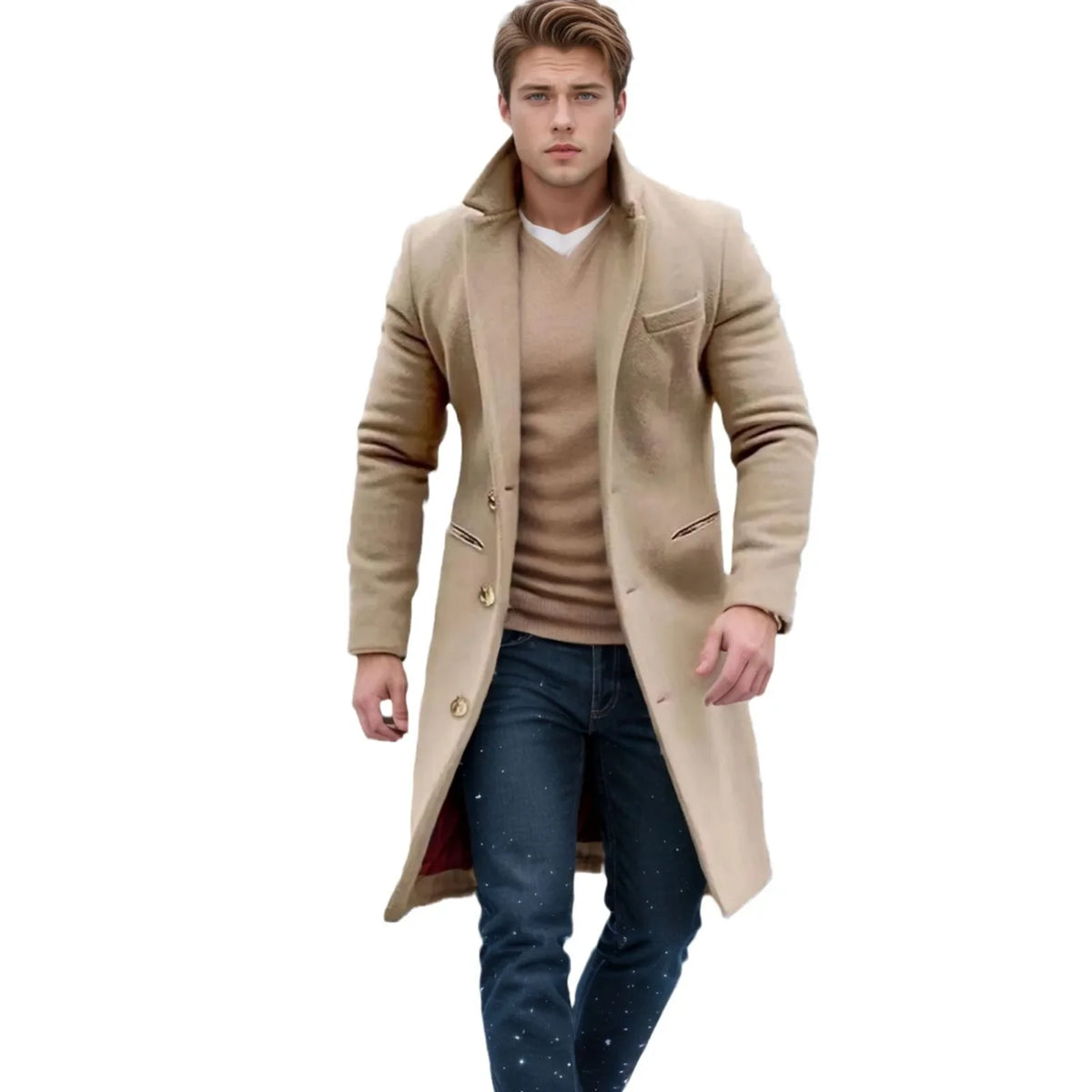 Elegant Men's Casual Windbreaker Coat for Autumn and Winter, Solid Color Button, Long-sleeved, Mid-to-long Style Coat S-XXXL