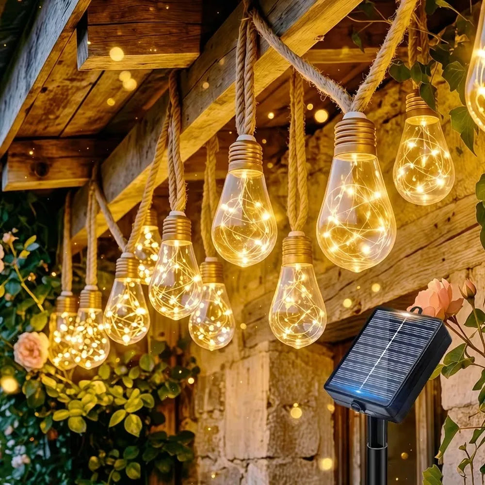 Solar-Lichterkette mit Edison-Glühbirnen und Hanfseil, warmweiß, solarbetrieben, für Garten, Terrasse, Veranda, Hof und Halloween-Dekoration