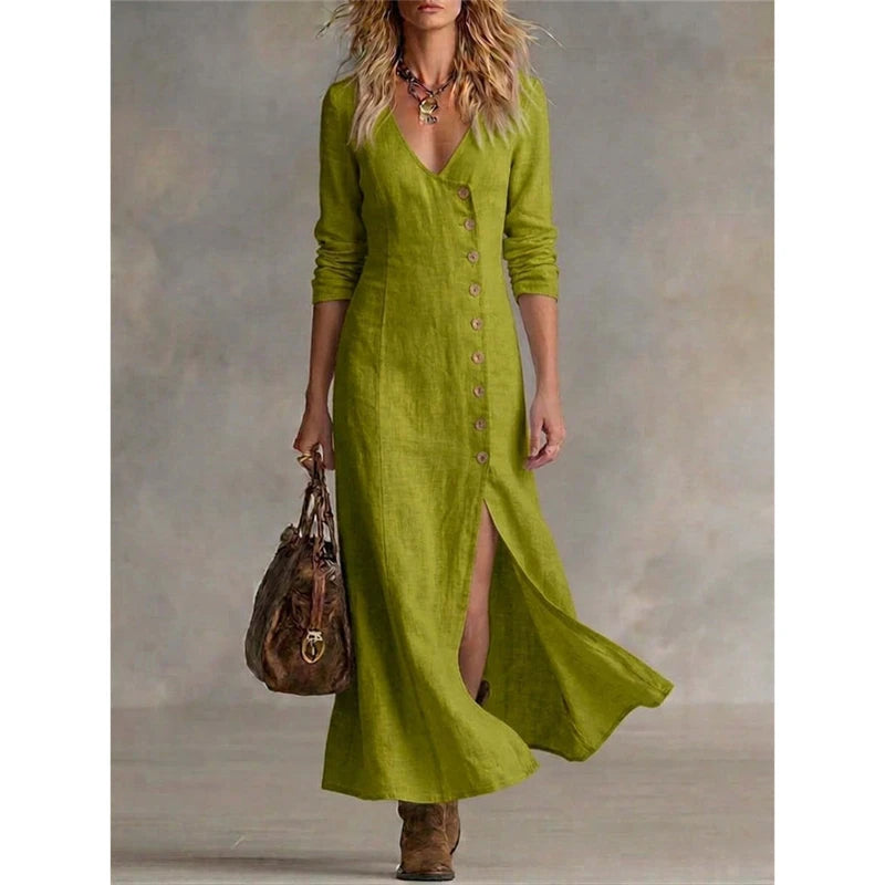 Abito midi con scollo a V e bottoni