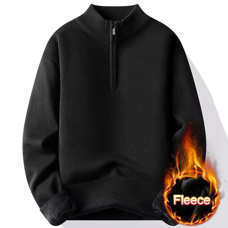 Autumn Winter Fleece Sweater for Men Solid Color Mock Neck Half Zipper Windproof Casual Classic Pullovers Slim Fit Knitwear