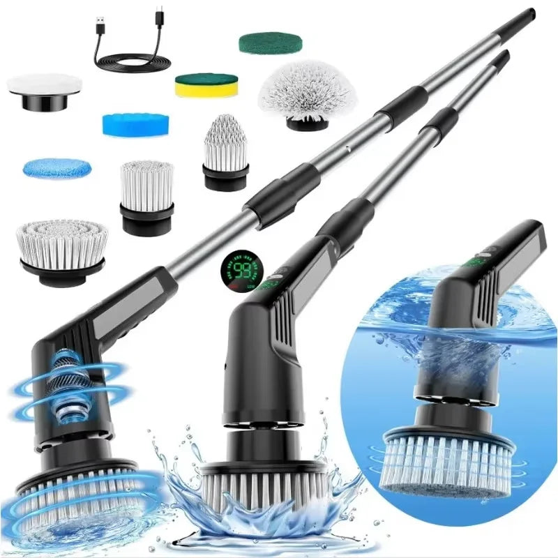 Multi-Purpose 9-in-1 Cordless Electric Power Scrubber, Bathroom Scrubber with 8 Brush Heads and Adjustable Extension Handle for Shower Cleaning