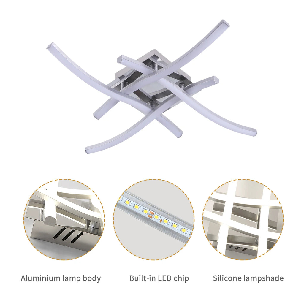 Plafonnier LED moderne, 4 luminaires intégrés au design élégant et incurvé, éclairage de plafond blanc froid 6500 K pour salon