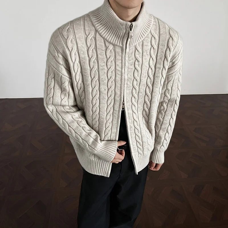 Autumn Winter Men Full Zip Knit Cardigan Slim Fit High Neck Knitted Sweater Solid Color Casual Streetwear Warm Fashion Knitwear
