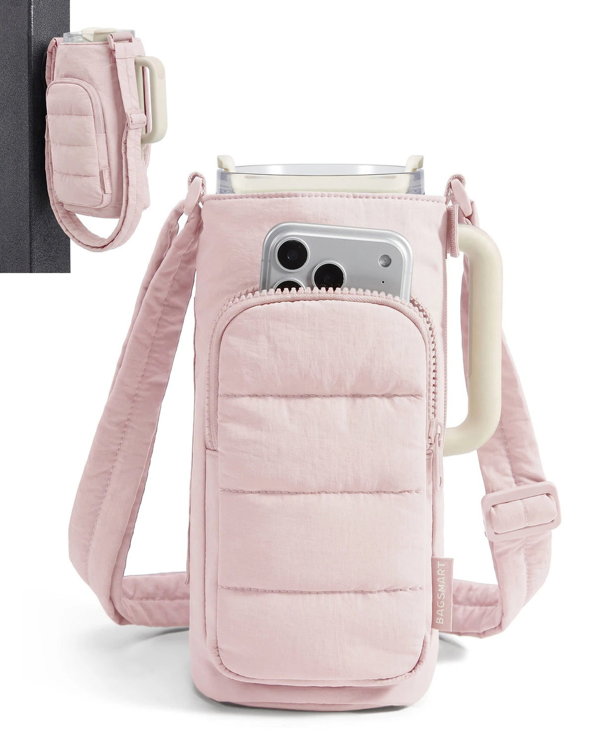 BAGSMART Magnetic Water Bottle Holder with Strap Gym Lightweight Tumbler 40oz Drink Carrier Quilted Crossbody Bags for Women
