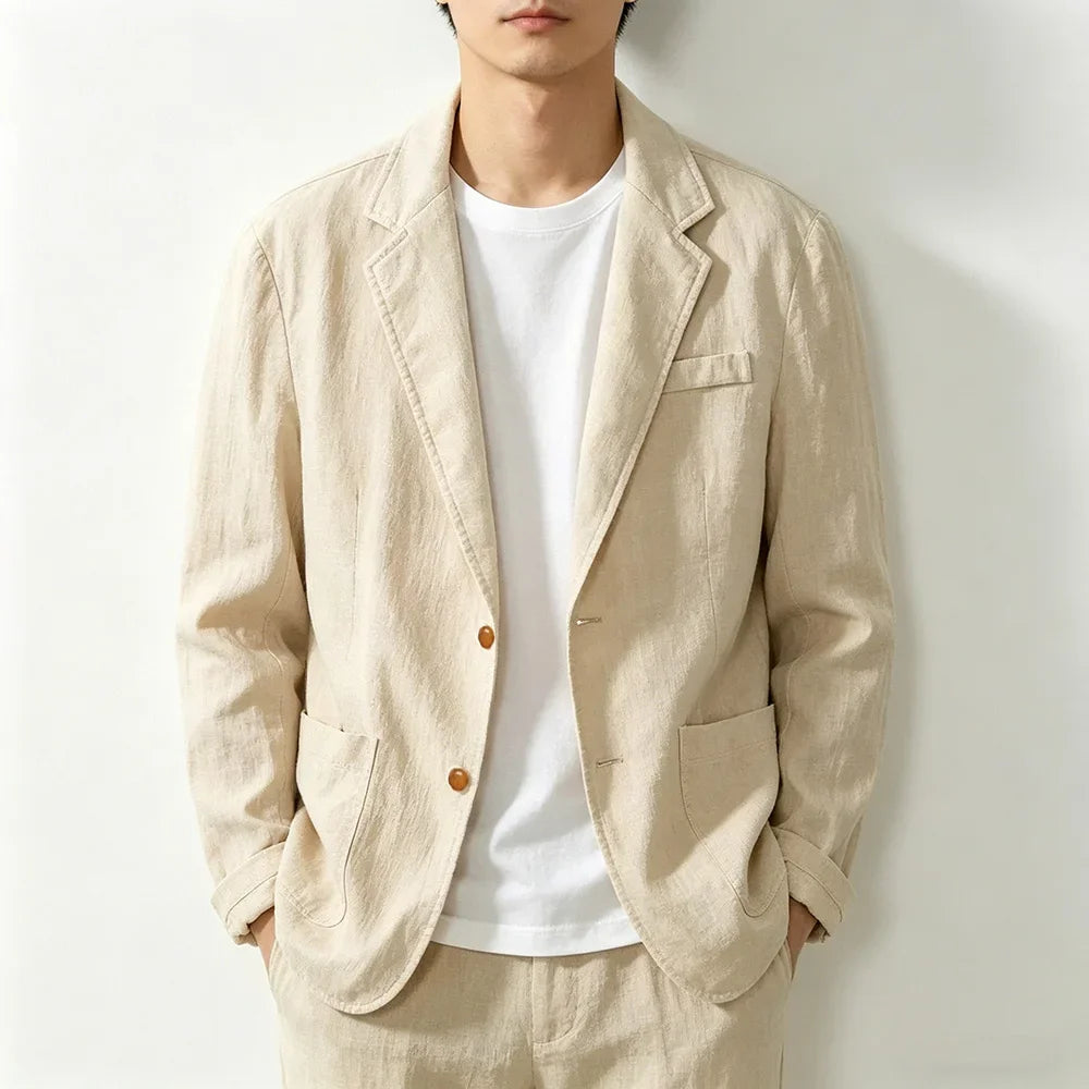 Men's Cotton Linen-like Blazer Jacket Notch Lapel 2‑Button Lightweight Casual Suit Coat Solid Color Male Fashion Outerwear