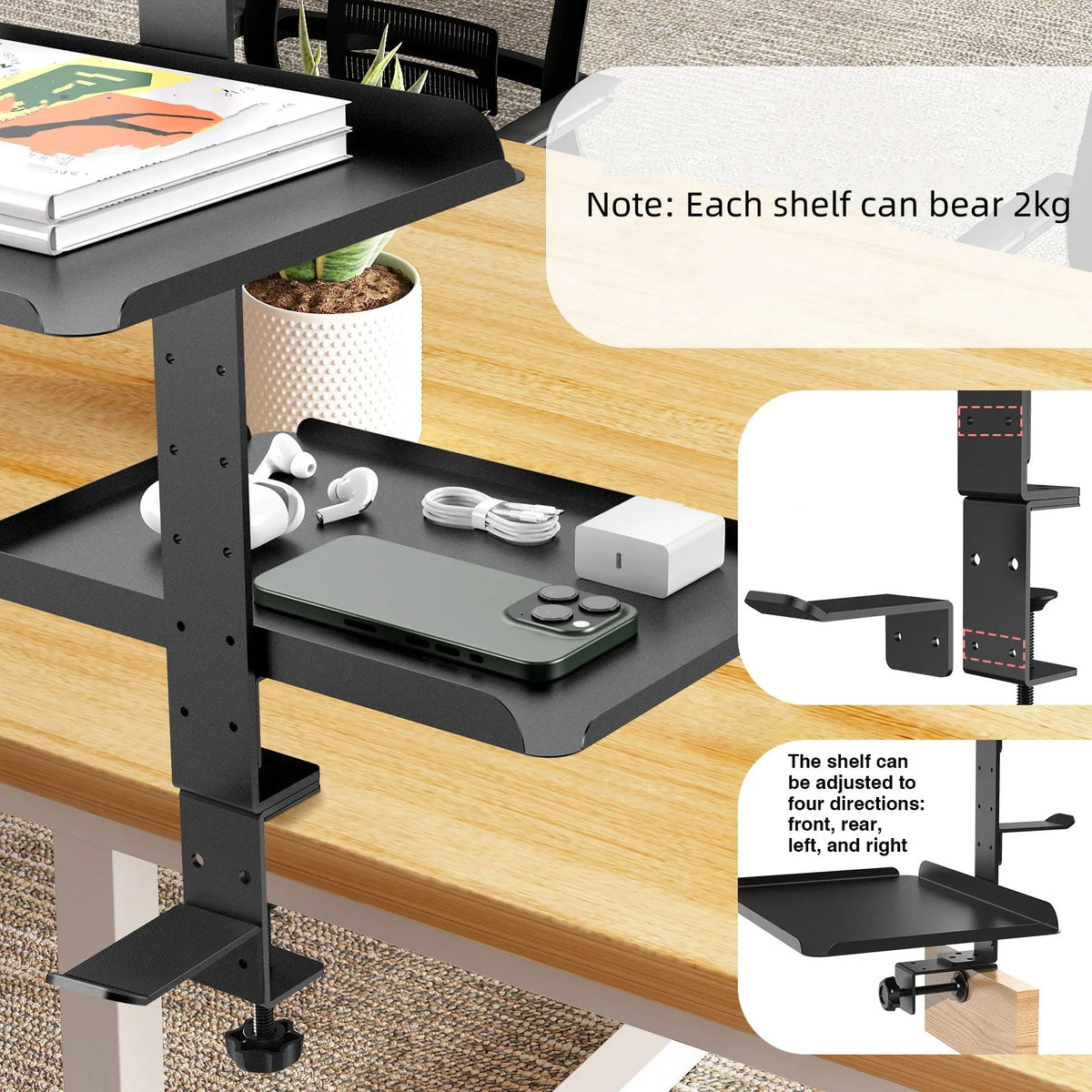 Clamp-On 3-Tier Steel Desk Organizer with Headphone Hook