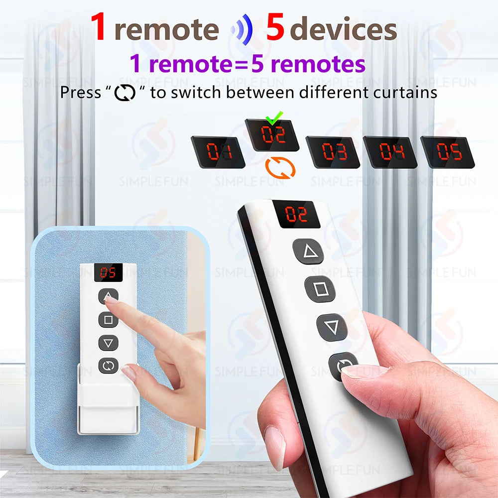 Wireless Curtain Roller Shutter Switch Tuya,WiFi RF Smart Module for Blinds Awning,5-in-1 Remote,Work with Alexa Google Home