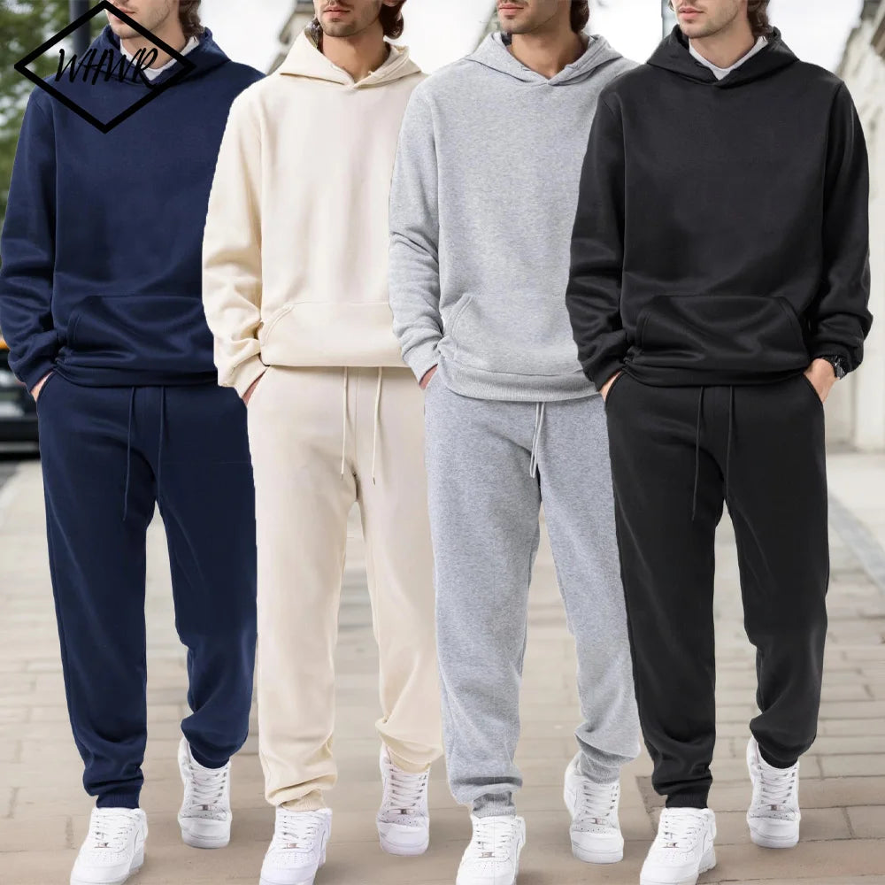 Conjunto de dos piezas de sudadera con capucha y pantalón de chándal para hombre en color liso, otoño e invierno, ropa deportiva casual de exterior a la moda, chándal para hombre