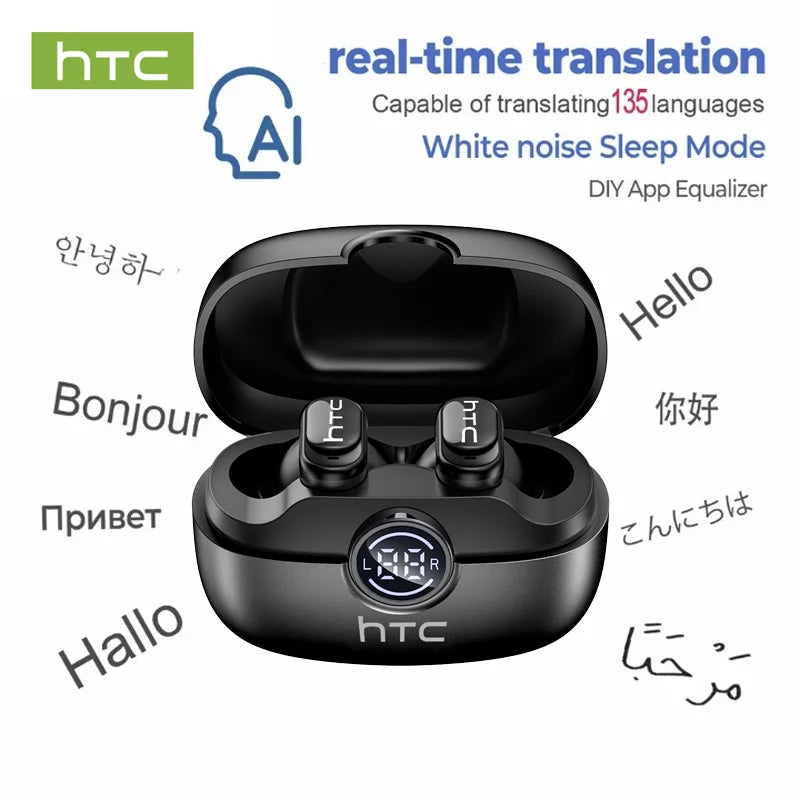 Écouteurs HTC NE79 TWS Bluetooth 6.0, traduction par IA dans 135 langues, réduction de bruit ENC, casque stéréo HiFi avec écran LED