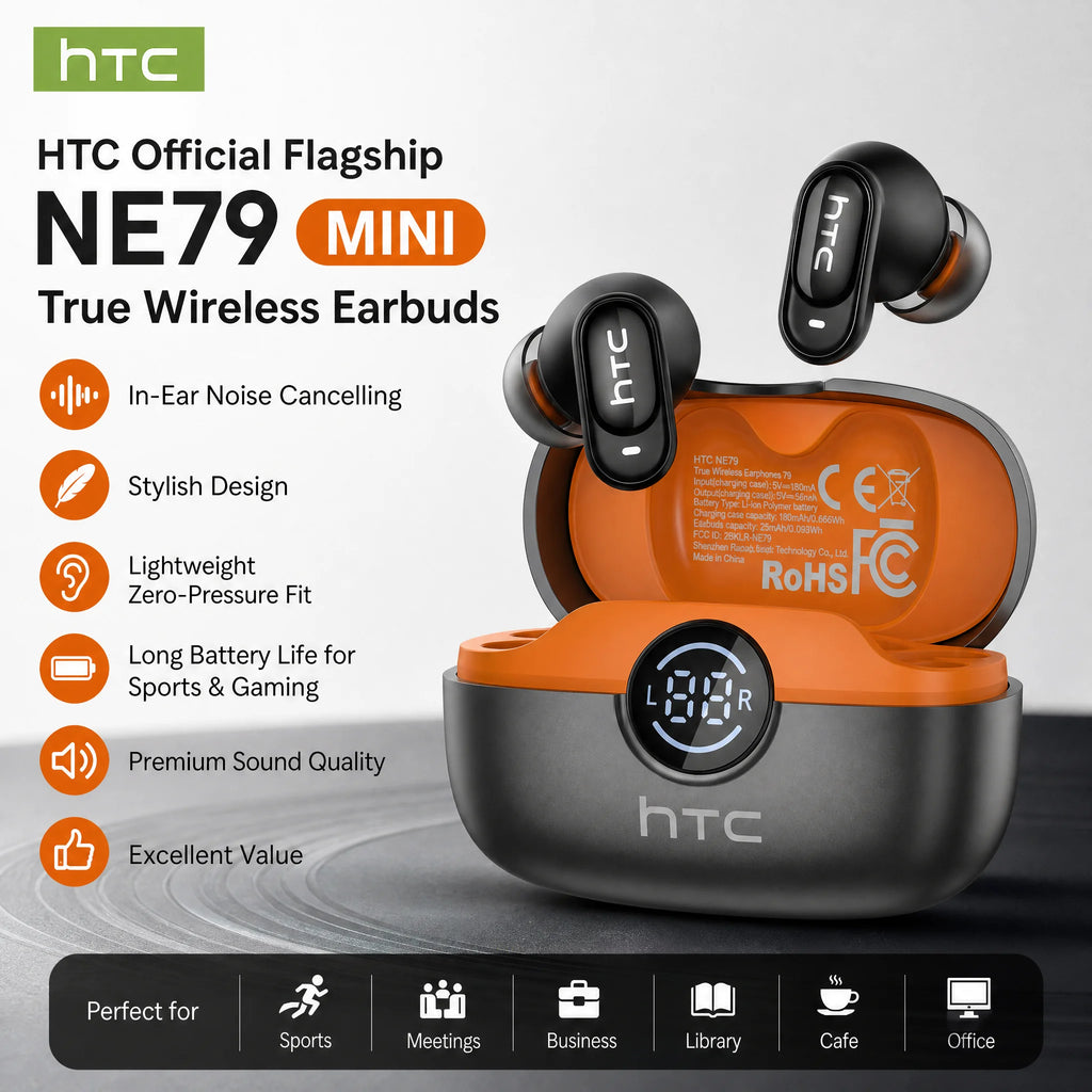 Écouteurs HTC NE79 TWS Bluetooth 6.0, traduction par IA dans 135 langues, réduction de bruit ENC, casque stéréo HiFi avec écran LED