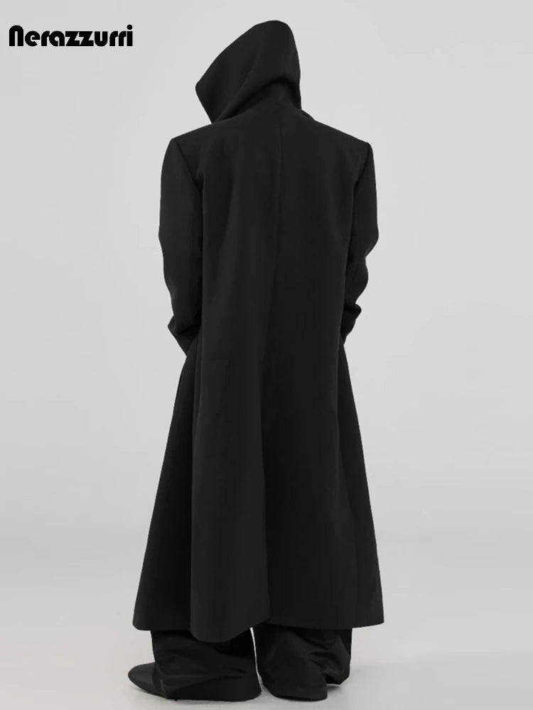Nerazzurri Autumn Winter Extra Long Warm Black Soft Wool Blends Coat Men with Hood Luxury Woolen Overcoat Dark Academia Clothes
