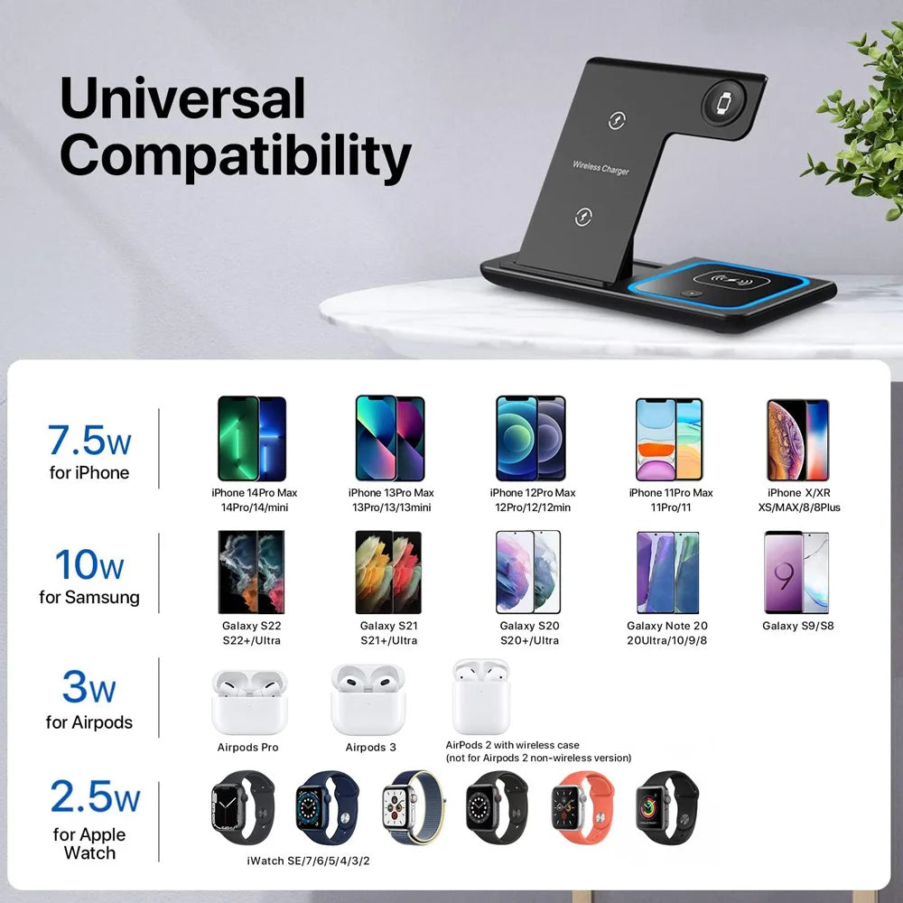 15W 3 in 1 LED Fast Wireless Charger Stand Foldable Charging Station For IPhone18-11 Apple Watch 9 8 7 6 5 Airpods Pro